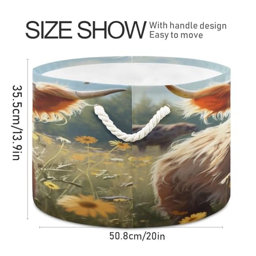 Round Cute Baby Highland Cow Yak Long Horns Daisy Storage Basket Large Organizer Bin Laundry Hamper Toy Storage Basket with Handle for Nursery Clothes Toys 202b4828