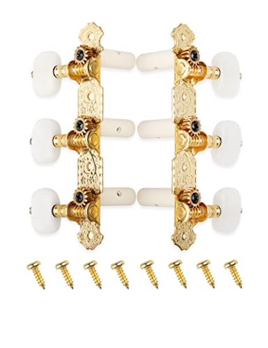 Mr.Power Guitar Tuners Machine Heads 3+3 Set Tuning Keys String Pegs for Classical Guitar (Short Gold, White Button)