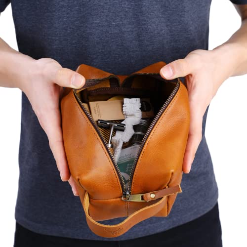 Vellaire Genuine Leather Toiletry Bag, Leather Dopp Kit For Mens Travel Toiletry Bag Mens Toiletry Bag Shaving Bag Cosmetic Bag For Women Mens Dopp Kit Leather Toiletry Bag For Men (Light Brown) #TOP2