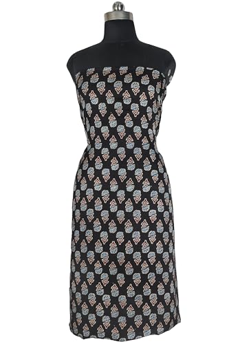 Image of Ethnics of Kutch Women's Ajrakh Modal Silk Natural Dye Hand Block Print Unstitched Kurta Fabric Mtr Length (3 Mtrs - Black 30102Q)
