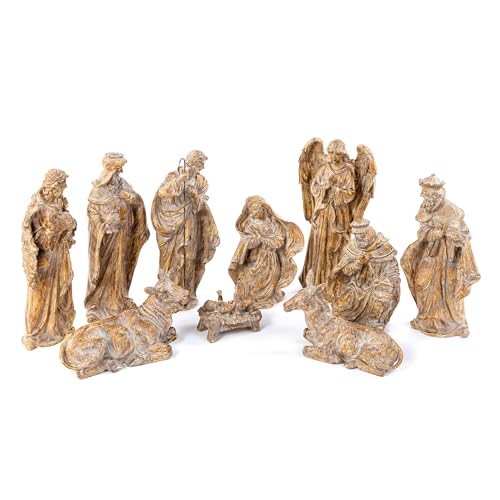 Image of Glitzhome Nativity Set for Christmas Indoor Decorations, 10-Piece Large Bronze Nativity Figurines Sets 18.5 inch x 50 inch, Resin Tabletop Scenes Figures Xmas Collectibles Figurine Statue Holiday Decor