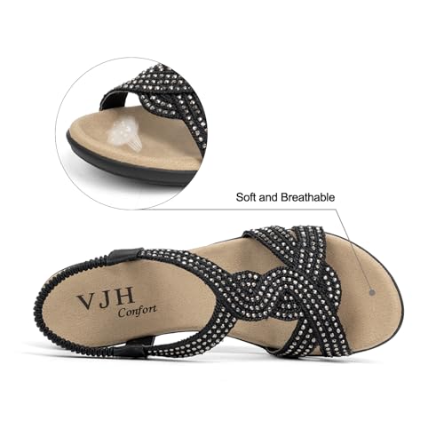 VJH confort Women's Flat Sandals Rhinestone Stretchy Strap Low Wedge Comfy Dressy Walking Sandals3