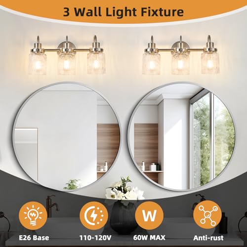 Image of 3 Lights Hammered Glass Bathroom Vanity Light,Brushed Nickel | Easy Installation,Up or Down,Farmhouse Modern Style,E26 Socket,ETL Certification
