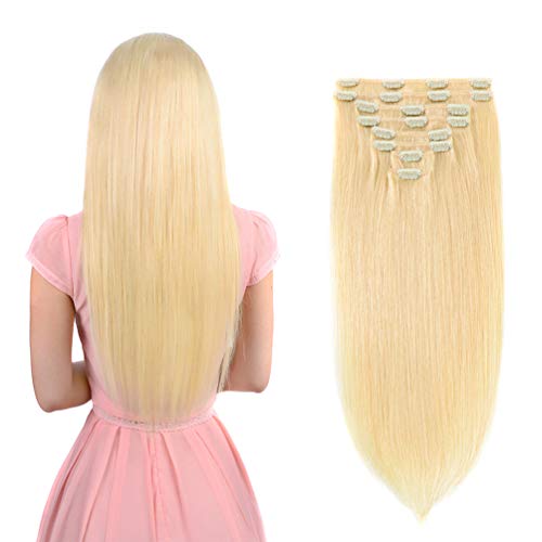 12" Remy Clip in Hair Extensions Human Hair Blonde for Women Beauty - Long Silky Straight 8pcs 20clips Real Hair Extensions Clip In Human Hair (12 inch 100g #613 Blonde)