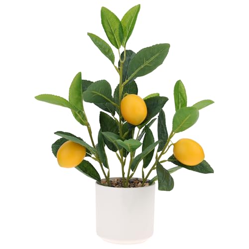 Woration Artificial Yellow Lemons Plants with White Pot 14.5inches Faux Fake Lemon Branch...
