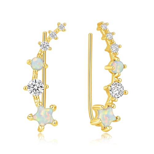 CiNily White Star Opal Ear Cuffs Climber Earrings, 14K Gold Plated Cubic Zircon Ear Crawler Earrings for Women Small Cartilage Stud Earrings Fashion Hypoallergenic Jewelry Christmas Day Gifts