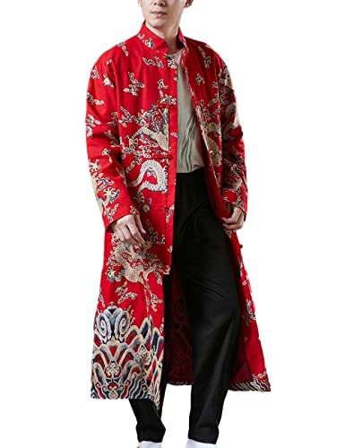 Ystylee Men's Trench Coat Long Kimono Jacket Chinese Dragon Printed Open Front Frog Buttons Loose Overcoat