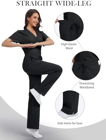 Tapata Wide Leg Scrub Pants for Women - 28/30/32/34 Inseam High Rise Straight Leg Yoga Scrub Uniform Pants with 7 Pockets, 34", Medium, Black — view 5