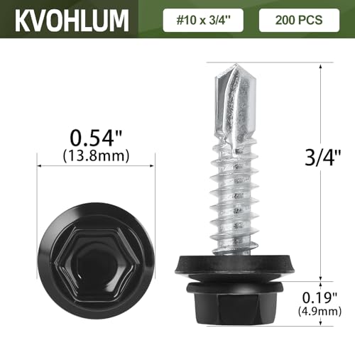 #10 x 3/4" (200 PCS) Black Metal Roofing Screws with Rubber Washer, Hex Head Self Tapping Screws for Metal, Self Drilling Sheet Metal Screw by kvohlum - Image 2