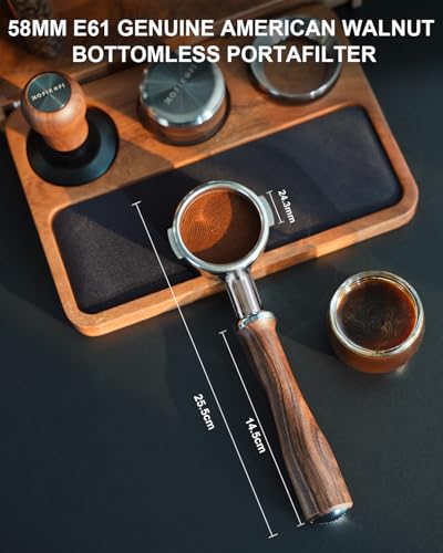 Image of KOFIKOFI 58mm Bottomless Portafilter For E61 Group Head - 2 Ears Walnut | Genuine American Walnut Handle fits E61, Flair 58, ECM, Rocket, Sanremo, Synesso, VBM. With 18g Filter Basket and Puck Screen