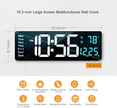 Image of EASEPRES 16 inch Digital Wall Clock with Remote Control - LED Display, Auto-Dimming, Countdown Timer, Temperature & Calendar - 12 /24 Hour Format, ABS Rectangle Design (White + Blue)