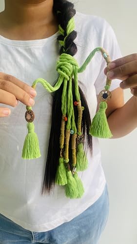 Image of Zippy Flora Neelima Parandi (Parrot Green) | Traditional Boho Handmade Paranda Hair Accessory with Braid Tassels | Women's Ethnic Hair Extension for Choti, Braids & Patiala Shahi Hairstyles
