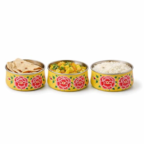Image of iHandikart Handpainted Decorative Lunch Box Tiffin | Multiple Tier Stainless Steel Food Box | Designer Indian Print Tiffin for School | Diwali Gift, Navratri Gift (Color - Multicolor)