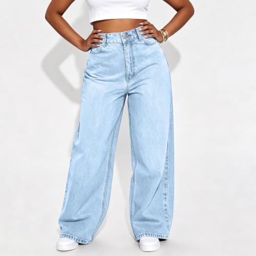 Loinjsnktng High Rise Wide Leg Jeans Women Baggy Long Button Up Denim Pants Trendy Boyfriend Casual Loose Straight Leg Jeans Light Blue - image 6