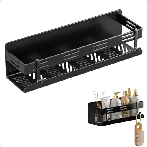 Agaou 浴室用ラック マグネット シャワーラック お風呂ラック 防水と防錆 約W30 x D10x H8cm 強力磁石壁掛け 調味料ラック 収納棚ラック バスルーム キッチン 風呂場ラック 水切り 壁棚 フック2個付き(ブラック)