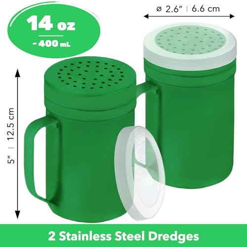 Image of CUSINIUM 14oz Forest Green Stainless Steel Salt Pepper Dredge Shakers - With Plastic Cap - With Handle - Pack of 2