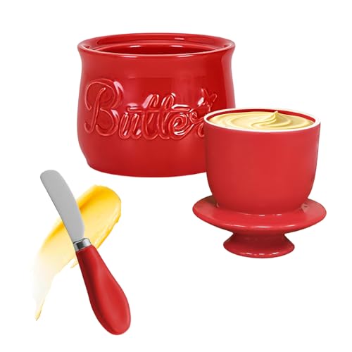Beurrier rond avec couvercle, beurre français avec couteau pour beurre mou, beurrier en céramique avec ligne de flottaison – Beurrier en porcelaine –...
