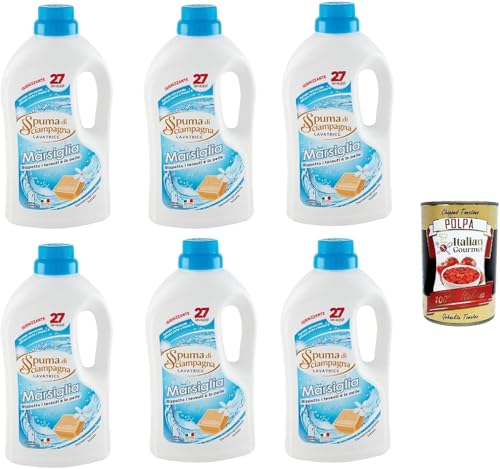 Italian Gourmet Bundle Spuma di Sciampagna Lessive Liquide Marsiglia 6 x 1215 ml – 27 Lavages par Bouteille, Parfum Savon de Marseille, Respecte les Textiles et la Peau + Italian Gourmet Polpa