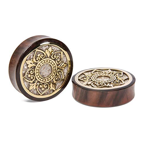 Elementals Organics Sono Wood Plug for Ear Â Â â€“ Ear Gauge with Brass Indonesian Flower and Marble Inlay, 32mm, 1-1/4 Inch