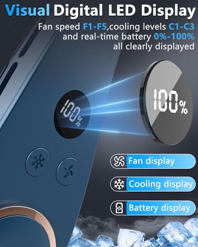 Image of Neck Fan with Cooling Plate,Powerful Cooling 5500mAh 24H Long Battery,5 Speeds Portable AC Cooler Function,LED Display USB Hands Free Bladeless Wearable for Men Women Kids Office Home Travel Azure