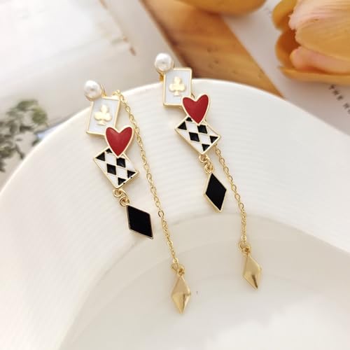Red Heart Earrings Poker Card Dangle Earrings for Women Asymmetric Clock Drop Earring Card Queen Costume Accessories4