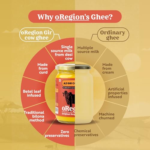 Image of oRegion A2 Milk Pure Gir Cow Premium Desi Ghee (500ml),100% Organic from Grass-Fed Cows, Vedic Bilona Method, Curd Churned, Pure, Natural & Healthy, Lab Tested, Immunity Booster, Glass Jar