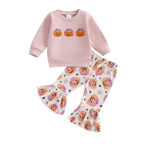 Toddler Baby Girl Halloween Outfit Pumpkin Long Sleeve Sweatshirt and Bell Bottoms Flare Pants Halloween Clothes