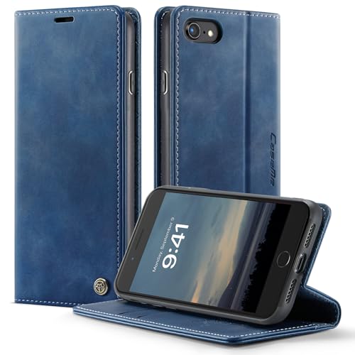 owlhold Handyhülle für iPhone SE 2022 / SE 2020 / iPhone 8/7/6 hülle flip case Premium PU Leder, RFID Schutzhülle, Faltbare Ständer, Handytasche Lederhülle Kartenfach Standfunktion - Blau