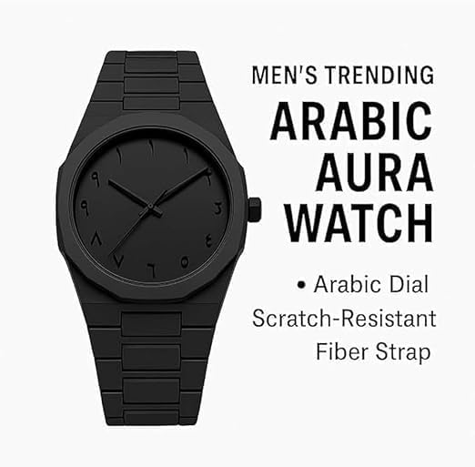 Image of Men's Luxury Aura Black Arabic Numeral Watch - Matte Black Analog Wristwatch with Eastern Arabic Dial - Modern Minimalist Waterproof Timepiece, Black Watch for Men