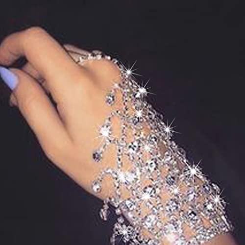 ACEDRE Rhinestone Ring Bracelet Silver Hand Chain Jewelry Sparkly Crystal Finger Bangles Costume Accessories for Women3