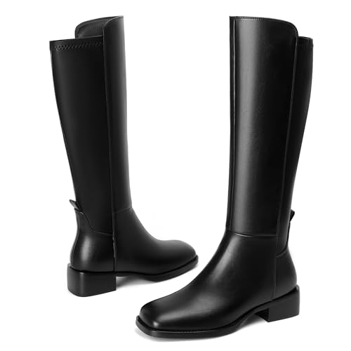Image of vivianly Women's Knee-High Boots, Faux Leather Elastic Boots Low Heel Square Toe, Side Zipper Tall Boots