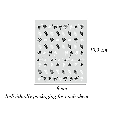 Summer Coconut Palm Tree Beach Leaf Flower Nail Art Decal Stickers 3D Self Adhesive Black White Laser Gold Silver Colors Summer Nail Decoration Decals For Women Natural Fingernail And Acrylic Nail Design Decor (Pack Of 10) #TOP5