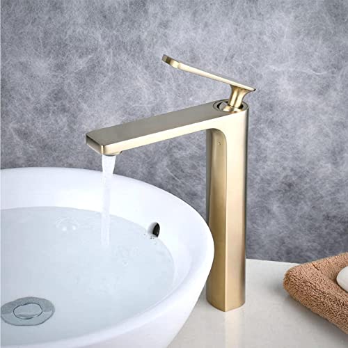 Robinet Salle de Bain,Or Brossé Moderne Haut Robinets de Lavabo avec Laiton Massif Corps et Chaude et Froide Réglable de Mitigeur Lavabo,Valve en Céramique,SHUNLI Cover