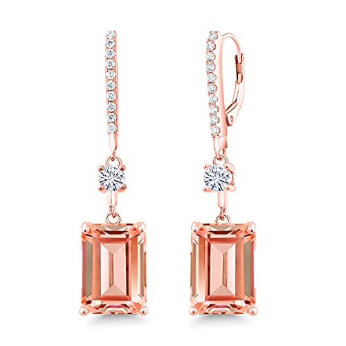 Gem Stone King 18K Rose Gold Plated Silver Emerald Cut Peach Nano Morganite and White Moissanite Dangle Earrings For Women | 13.36 Cttw | Emerald Cut 14X10MM