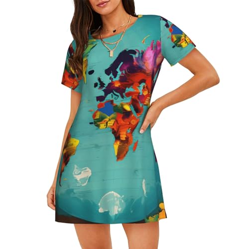 Chemise de nuit manches courtes femme motif carte du monde anti-transpiration et douce