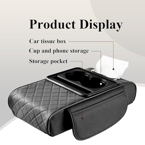 Image of Car Armrest Cushion Console Organizer with Cup Holder, Tissue Box Slot, Phone Storage Pocket, PU Leather Center Console Pad with Side Pockets for Cars SUV Sedan Interior Accessories