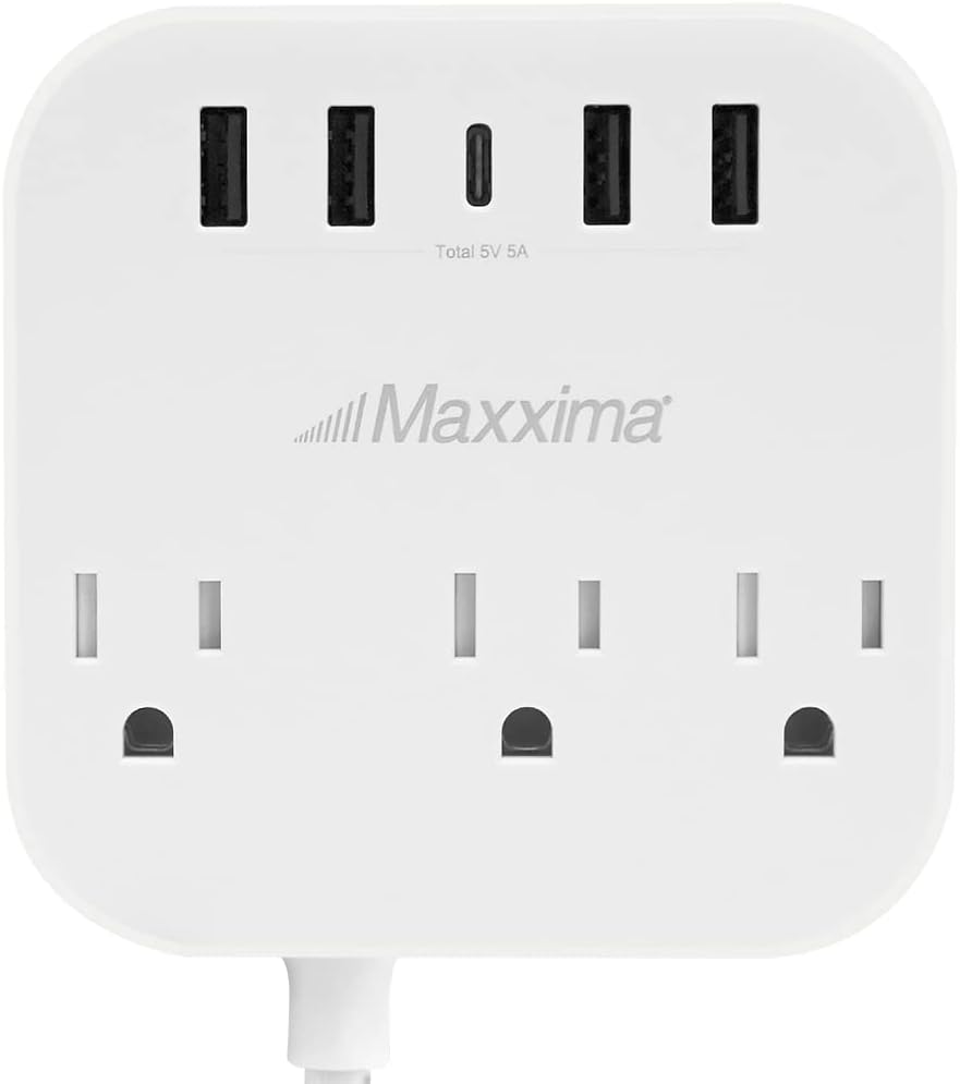 Maxxima 3 Outlet Desktop Power Strip with 5 USB Type-C/A Charging Ports 5A, Flat Plug, 5 ft Extension Cord, Home Office, Desk, Dorm, ETL Listed
