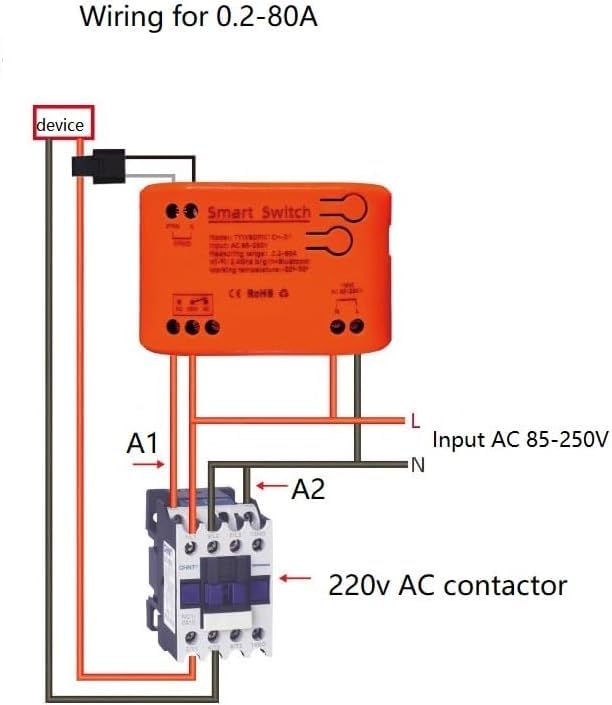Wiring diagram for 0.2-80A current monitoring with a 220V AC contactor