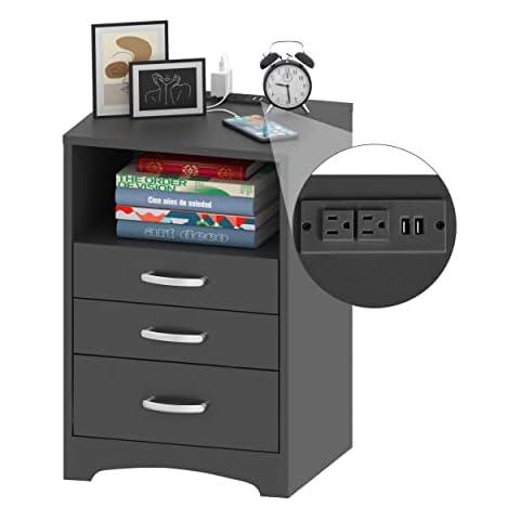 HOSEOKA 3 Drawers Black Nightstand with Charging Station, Side Table with Open Storage Bedside End Table Night Stand Storage Cabinet for Bedroom, Black Cover