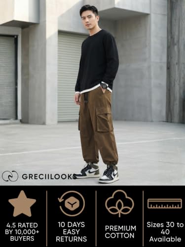 Image of GRECIILOOKS Men's Cargo Pants | 6 Pocket Cotton Cargo Joggers for Men | Loose Fit Stylish Pant with Pockets | Casual Baggy Trousers & Streetwear Lower