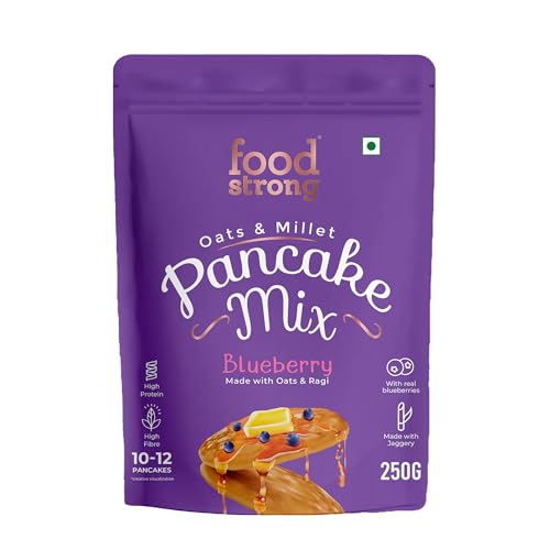 Image of Foodstrong Oats and Millets Blueberry Pancake Mix, High Protein & Fibre, No Maida, No Refined Sugar - Made With Jaggery, Eggless Instant Breakfast Mix 250 g