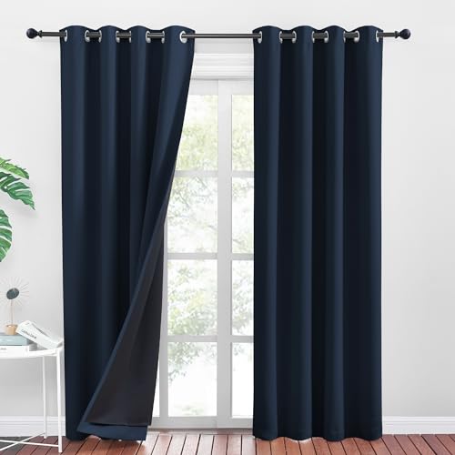 PONY DANCE Rideaux Occultant - Rideau Isolation Phonique Anti Froid à Oeillets Isolant Lumineux Tissu Lourd dans Noir Complet, Bleu Foncé, 140 cm Largeur sur...