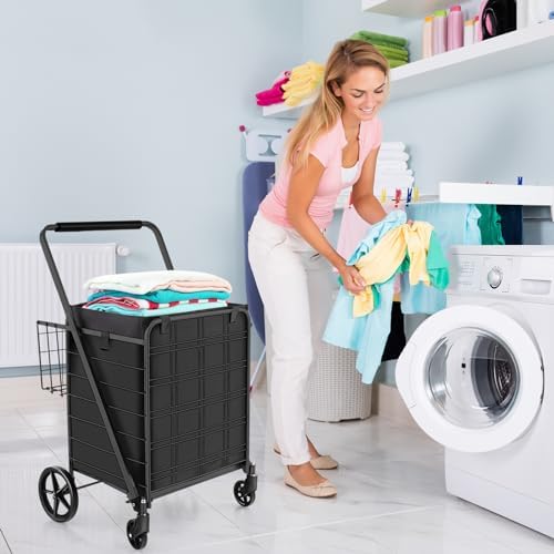 Folding Grocery Cart on Wheels, Metal Utility Trolley with Removable Liner & Back Basket, Foam Handle, Lightweight Shopping Push/Pull Cart for Easy Transport