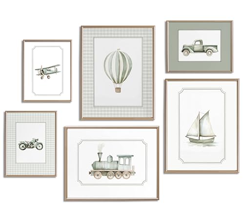 Image of Set of 6 Sage Green Nursery Wall Art Boys Room Canvas Poster Kids Wall Decor Vintage Vehicle Prints Baby Toddler Pictures Transportation Plane Train Painting Artwork for Bedroom 12"x16" Unframed