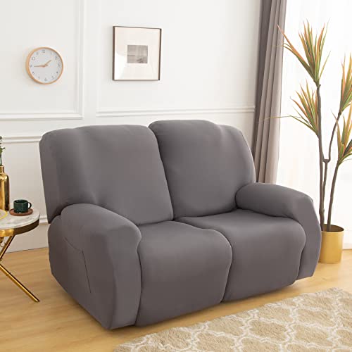 Qelus Stretch Recliner Chair Cover,6-Pieces Sofa Cover Slipcover Couch Covers,Armchair Cover Non-Slip Furniture Protector,Elastic Spandex Soft Recliner Chair Protector with Side Pocket(2 Seater Gray) - Image 3