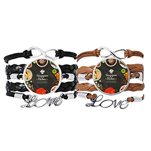 Pulsera Singapur de cuero ajustable para parejas con diseño de platos típicos