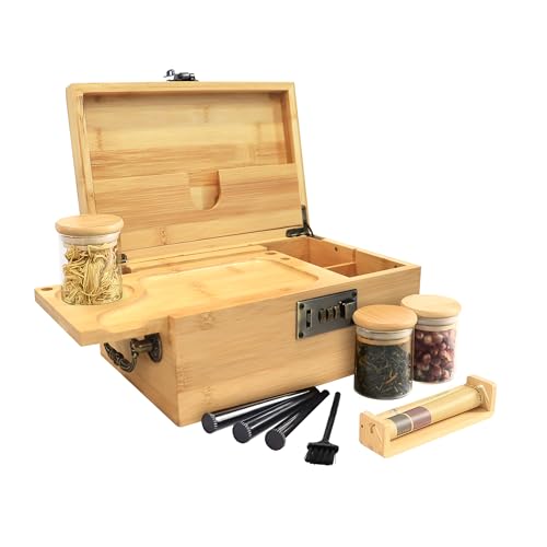 JIABOLANG Bamboo Box with Combination Lock, Decorative Box with Handle, Large Storage Stash Box Set for Storage Tea, Coffee Bean etc, Lockable Stashbox Organizer Set as Great Gift Choice (Bamboo)