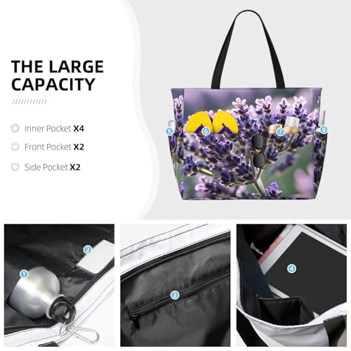 Lavender Flower Print Beach Tote Bag Waterproof Large Bags With Zipper Big Capacity For Vacation Travel3
