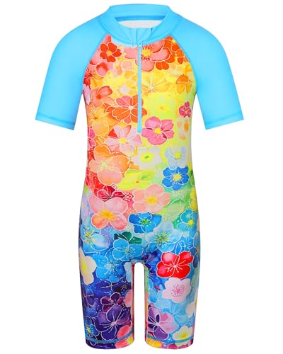 Image of TFJH E Short Sleeve Girls Swimsuits UV 50+ One Pieces Zipper 2-14Y | From beach vacations and pool parties to cruises and water parks, this colorful floral swimsuit is her summer favorite