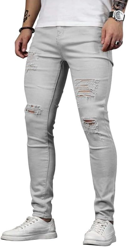 HUNGSON Men's Blue Slim Fit Jeans Stretch Destroyed Ripped Skinny Jeans Side Striped Denim Pants - Image 5